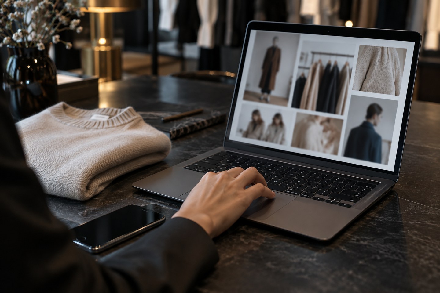 ファッションECの顧客データ管理を象徴する端末と衣服（AI生成イメージ・実際のH&Mシステムではありません）