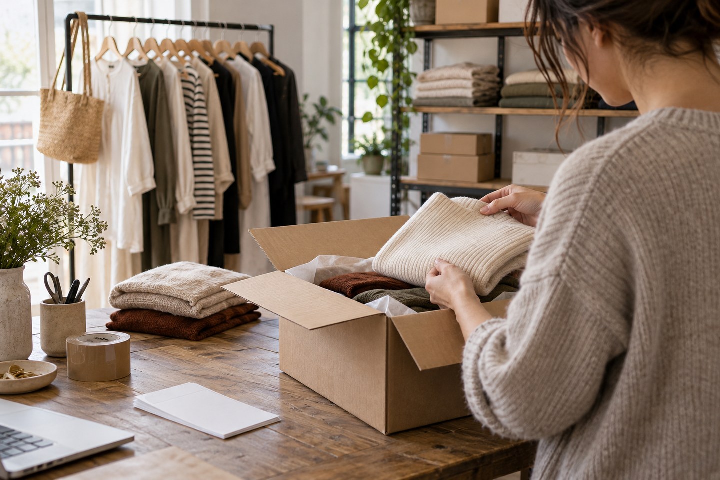 独立系ファッションショップの少量入荷と仕入れ管理を表す情景（AI生成イメージ）