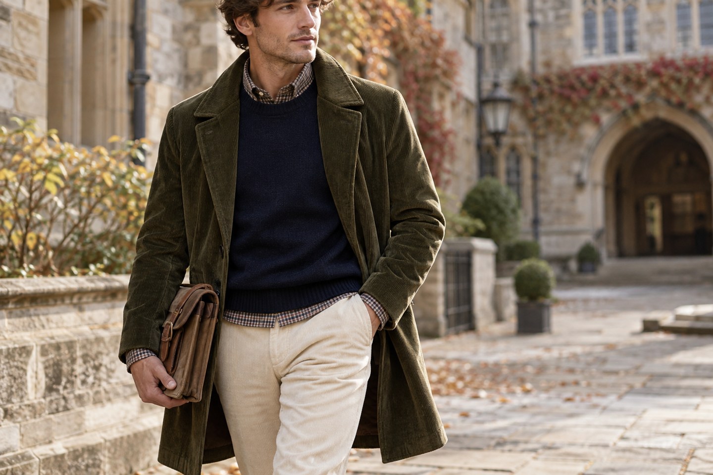 英国カレッジ風の秋冬スタイリング（AI生成イメージ・UNIQLO and JW ANDERSONの実商品ではありません）