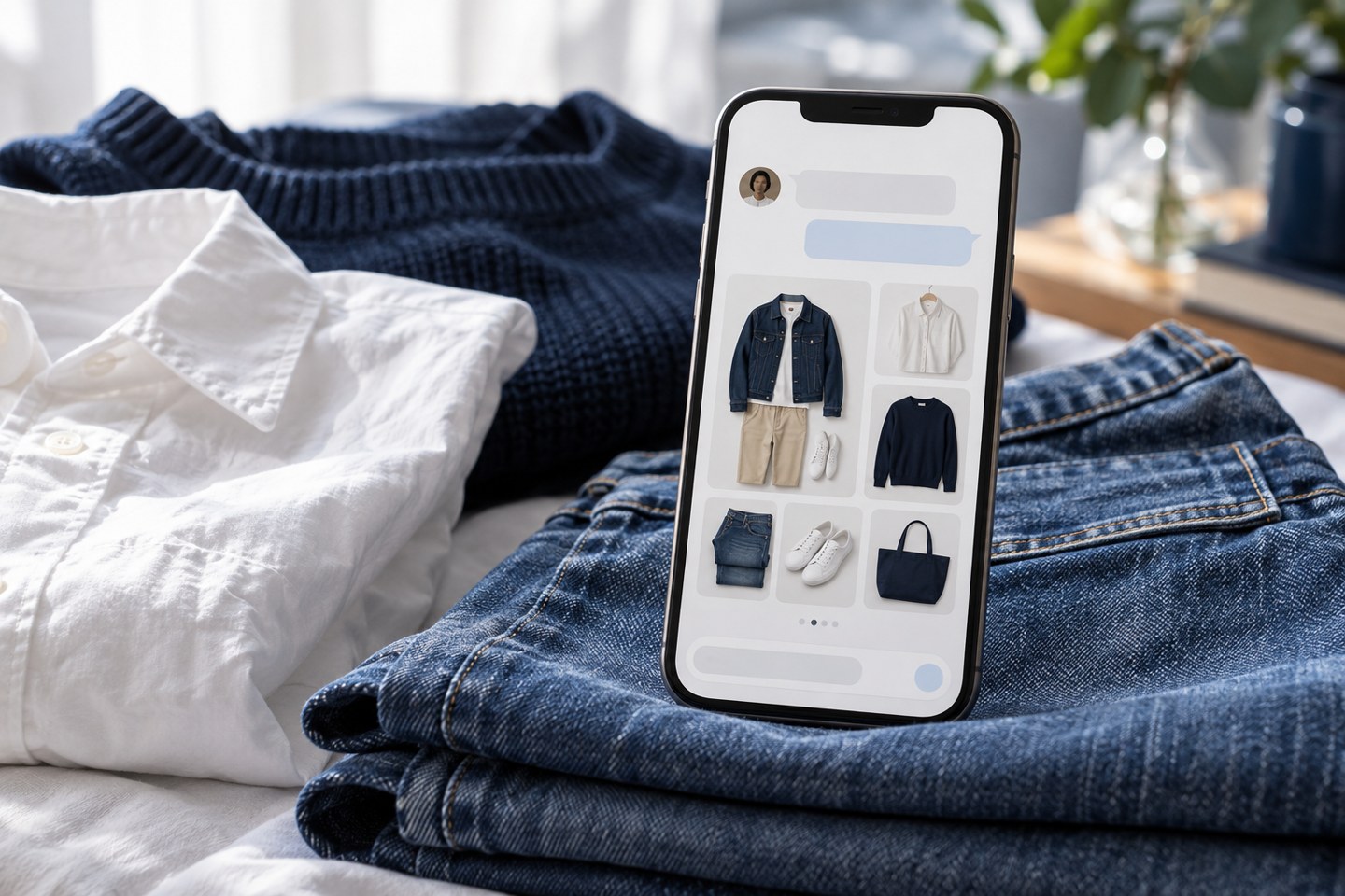 デニムと白いシャツの横に、AIスタイリングを想起させるスマートフォンを置いた写真（AI生成・Gapの実商品や実際の画面ではありません）