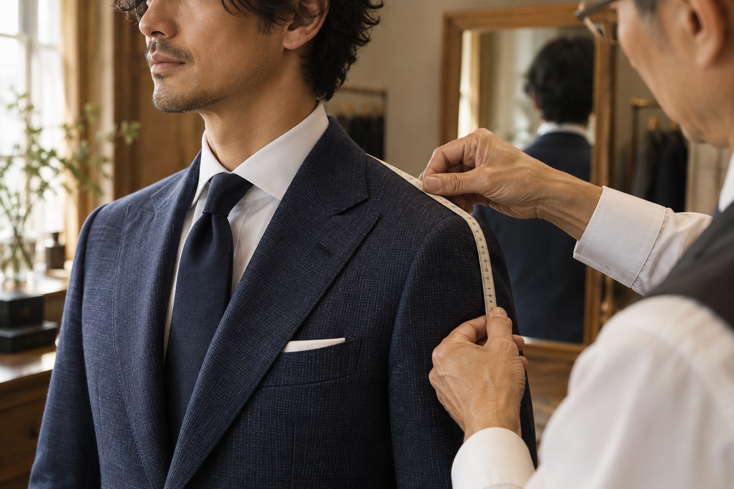 採寸用のメジャーと生地、仕立てたジャケット（AI生成イメージ・実際のKASHIYAMAの商品や店舗ではありません）