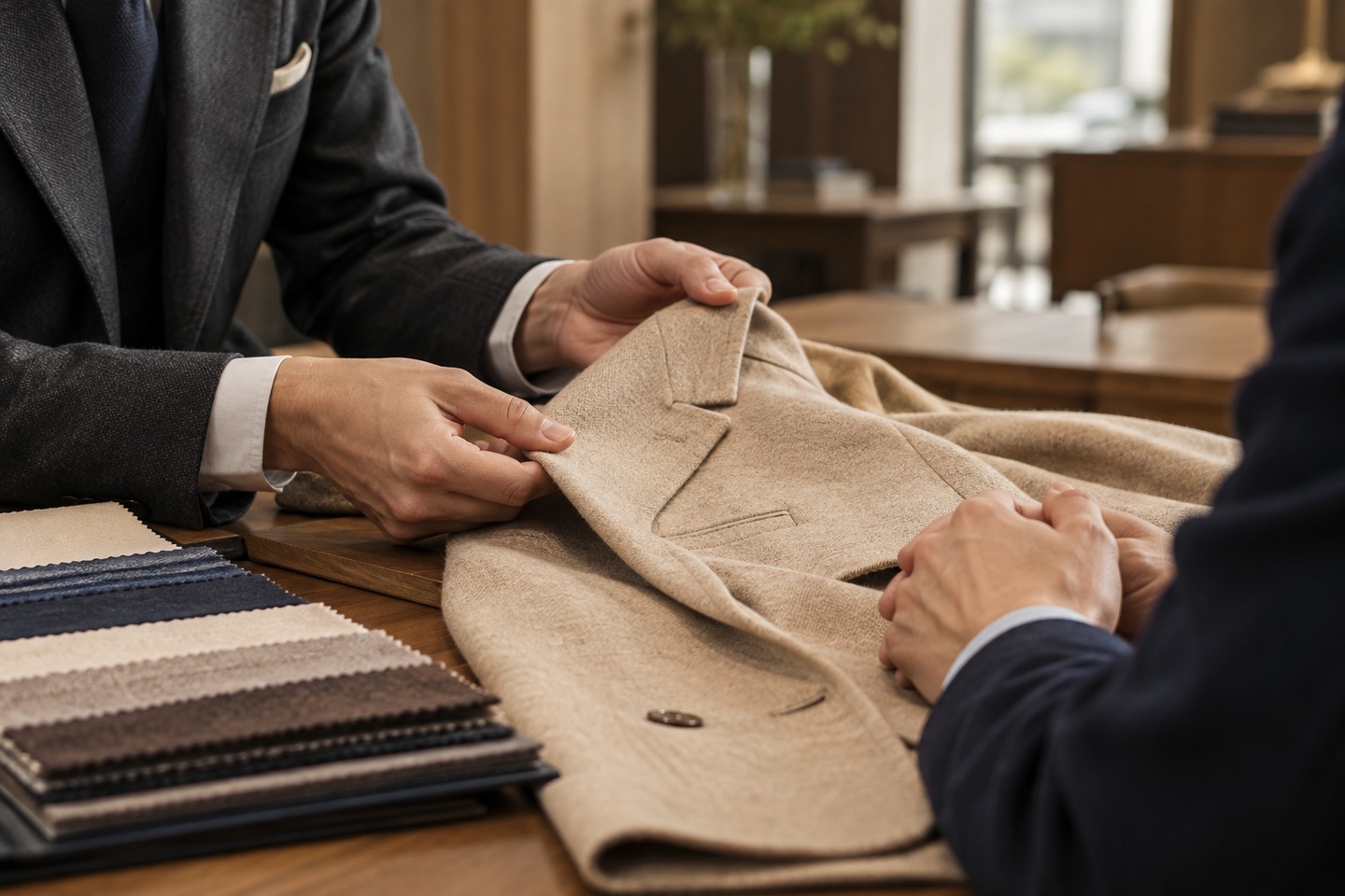 架空の百貨店の接客テーブルで、販売スタッフがジャケットと素材を顧客に提案する手元のAI生成イメージ。三越伊勢丹の実際の店舗・商品・社員ではありません。