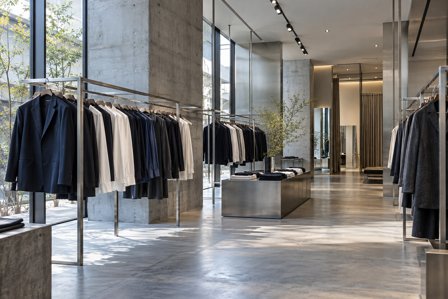 架空のアパレル店舗に衣服を整然と配したAI生成イメージ。紹介企業の実際の店舗ではありません。