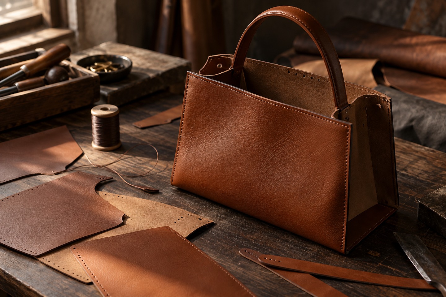 革製バッグの製作工程を表したAI生成のアトリエイメージ。Gucciの実際の商品・工房ではありません。